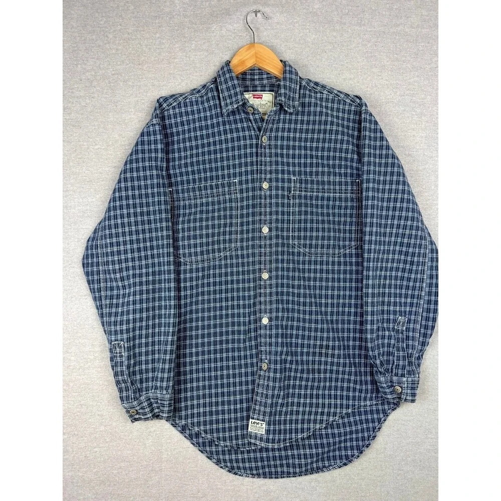 Vintage‎ Levis Quality Clothing Blue Plaid Button Down Cotton Shirt Mens S LS